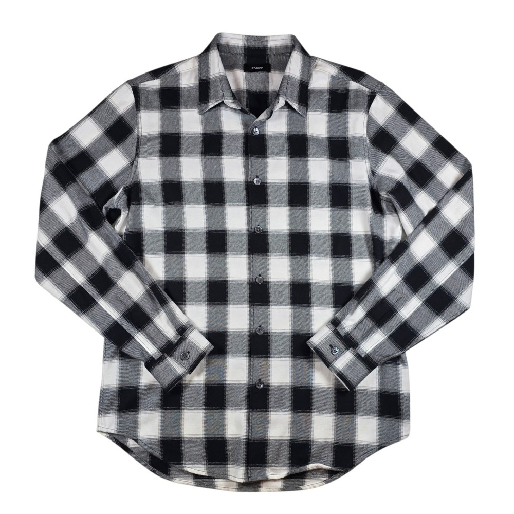 Theory Rammy Bold Black White Plaid Soft Cotton Long Sleeve Flannel Shirt Mens M